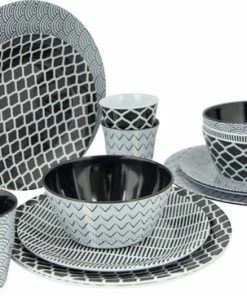 Beste Verkoop ???? Bo-Camp Servies - Mix & Match - 16 Delig - Zwart/Wit ????