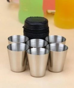 Coupon ???? Faas Commerce 6x Rvs Shot Bekertjes - Borrelglaasjes - Thee/ Koffie Beker - Shotjes Met Leren Case - Bekers 30 ML ⭐