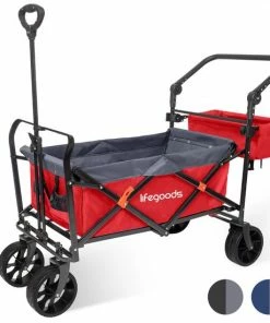 Beste Pirce ⌛ LifeGoods Bolderkar - Opvouwbaar - 120KG Draagkracht - 103L - Inklapbare Bolderwagen/Transportwagen - Extra Draagtas En Duwstang - 2 Standen - Wasbaar Polyester - 98x45cm - Rood/Grijs ????