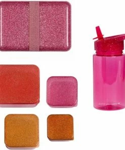Aanbiedingen ???? Back To School Set - Drinkfles / 4 Snackdozen / Lunchbox - Glitter Roze - A Little Lovely Company ????