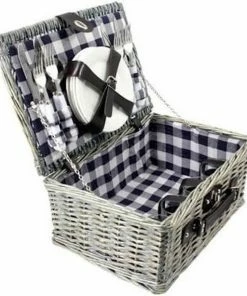 Promo ✔️ Svenska Living - Picknickmand - 21delig - 4 Personen - Blauwe Ruit - 40cmx28cmx18cm ????
