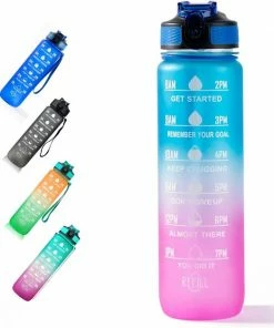 Beste Pirce ???? Locolta Motivatie Waterfles - 1 Liter Drinkfles - Drinkfles Met Tijdsmarkering - Drinkfles Met Rietje - Lekvrije Drinkfles - Blauw Met Roos ❤️