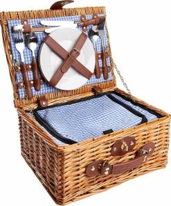 Korting ???? Sens Design Rieten Picknickmand Voor 2 Personen Inclusief Koelvak, Bestek, Borden En Wijnglazen - Blauw ⌛