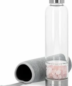 Beste deal ???? Navaris Glazen Drinkfles - Fles Met Rozenkwarts - 420 Ml - Waterfles Met Edelstenen - Inclusief Sleeve Van Neopreen ⭐