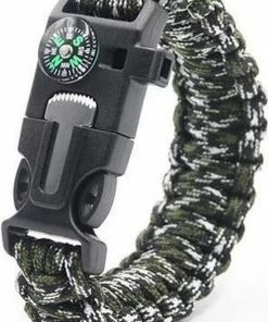 Goedkoopste ???? Merkloos Suvival Bracelet (legergroen + Wit) - Outdoor Armband Met Paracord, Magnesium Stick (firestarter), Kompas En Fluitje ⌛